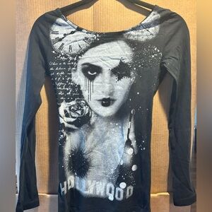 Only Black Long-Sleeve Graphic T with Monochrome Portrait XS